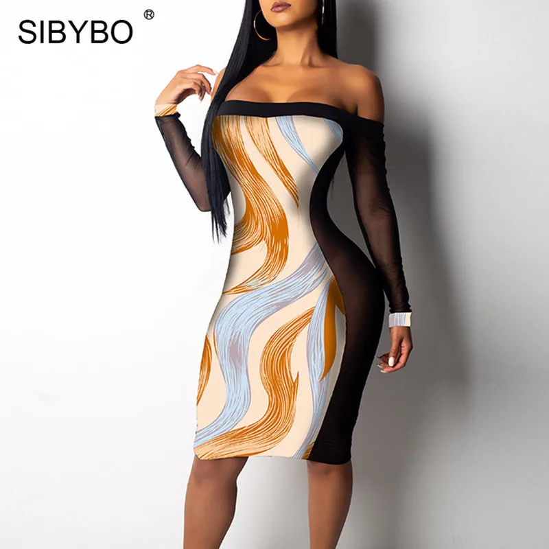 

Sibybo Graffiti Print Mesh Transparent Sexy Bodycon Dress Long Sleeve Strapless Autumn Dresses for Women Nightclub Party Dress