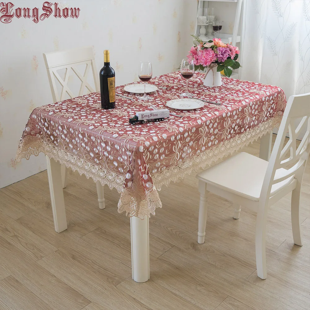 

2019 Newest Elegant Transparent Burgundy Organza Lace Embroidered Dot Flowers Tablecloth For Wedding Party Decoration