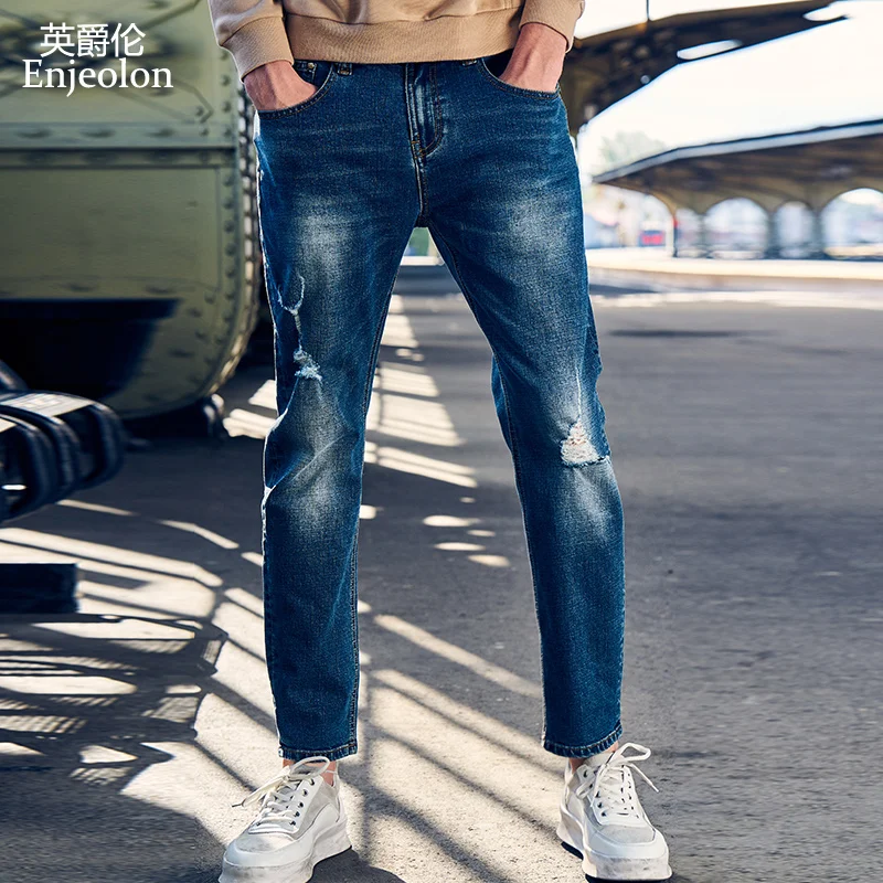 

Enjeolon brand quality long full trousers hole jeans pants man cotton blue males Causal men denim jeans NZ073