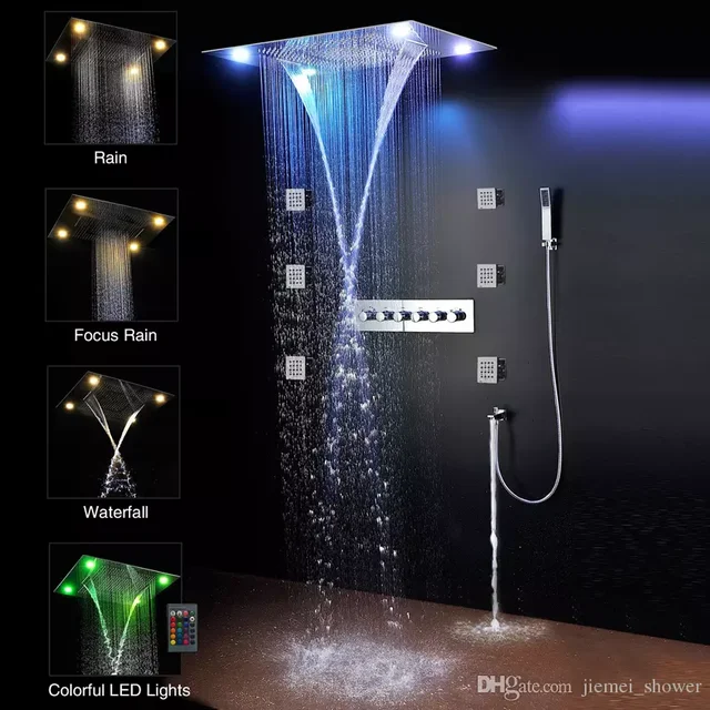 Luxury Shower Set System Electric LED Ceiling Recessed Large Rain Head Shower Waterfall