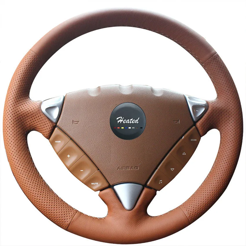 16SWPOSCHECAYEN Brown Genuine Leather Car Steering Wheel Cover for Porsche Cayenne 2007-2010