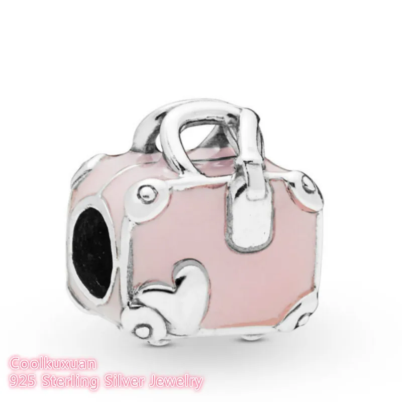 Summer 925 Sterling Silver Pink Travel Bag Charm beads Fits Original Pandora bracelets Jewelry Making