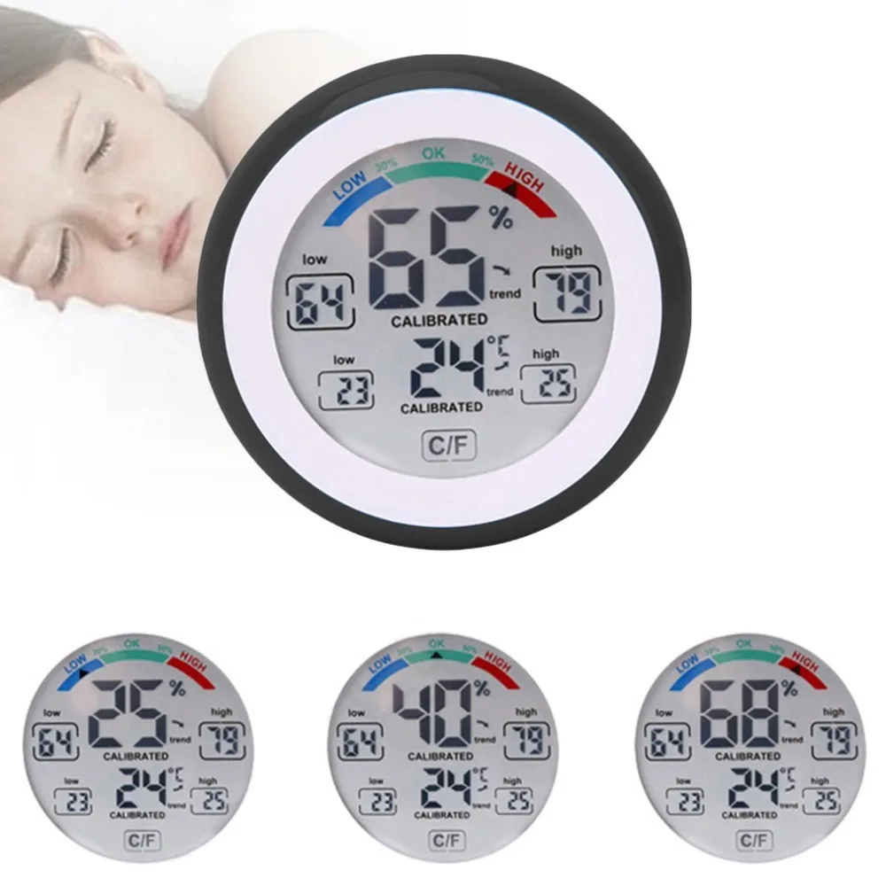 

LCD Touch Screen Digital Temperature Humidity Monitor Electronic Thermometer Hygrometer Hanging Type Home Use Round Shape