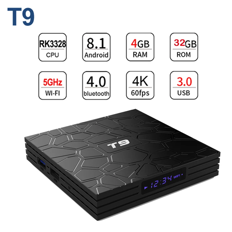 

Newest 4GB ROM 32GB RAM Android 9.0 TV Box T9 RK3328 Quad Core USB 3.0 Smart 4K Set Top Box Optional 2.4G/5G Dual WIFI Bluetooth