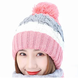 Best Winter Gift To Mother Girl Blue White Red Ladies Woolen Scarfs And Caps Sets Fashion Warm Wool Knitted Women Scarves Hats - Цвет: Pink Cap