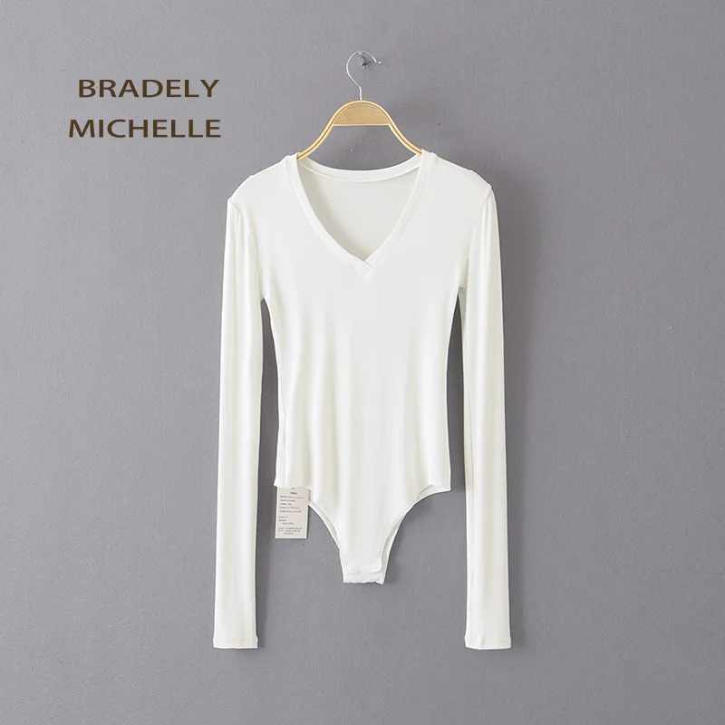 fishnet bodysuit BRADELY MICHELLE 2019 Autumn Sexy Women Slim Long Sleeve V-neck Tops Cotton knitted Bodysuits With Hidden Button Jumpsuis shapewear bodysuit