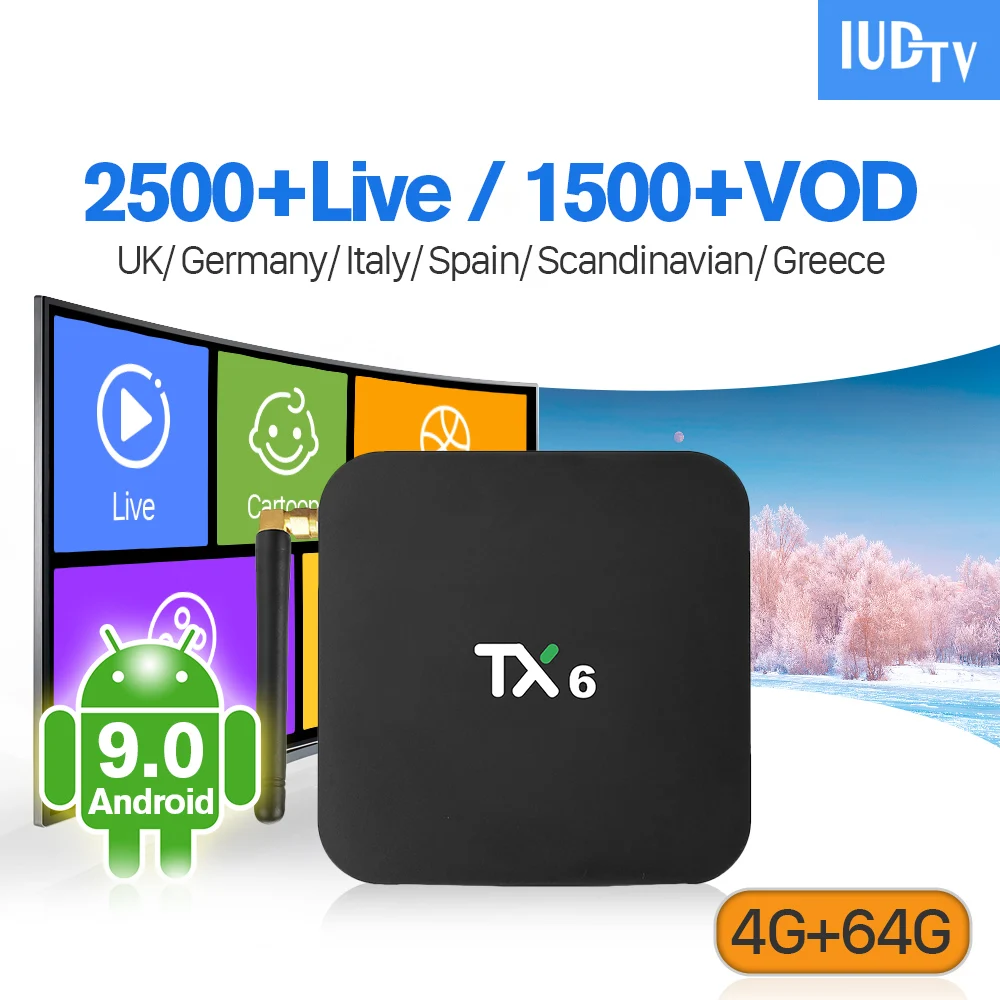 

Android 9.0 IPTV Sweden Spain IP TV Box TX6 4+64G BT5.0 USB3.0 Dual-Band WIFI Italy UK German IPTV Subscription 1 Year IUDTV Box