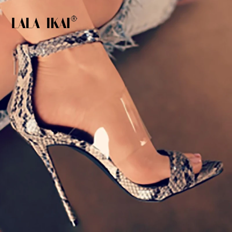 

LALA IKAI 2018 Snake Pattern High Heels Sandals Summer Transparent PVC Women Sandales Rome Ankle Strap Femme Pumps 014C1058 -49