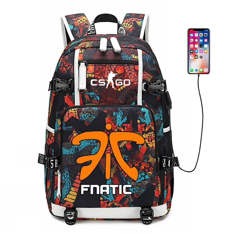 

CS GO FNATIC Virtus Backpack USB Port Rucksack Bag Snake Pattern Teenager Student School Bags travel Shoulder Laptop Bag