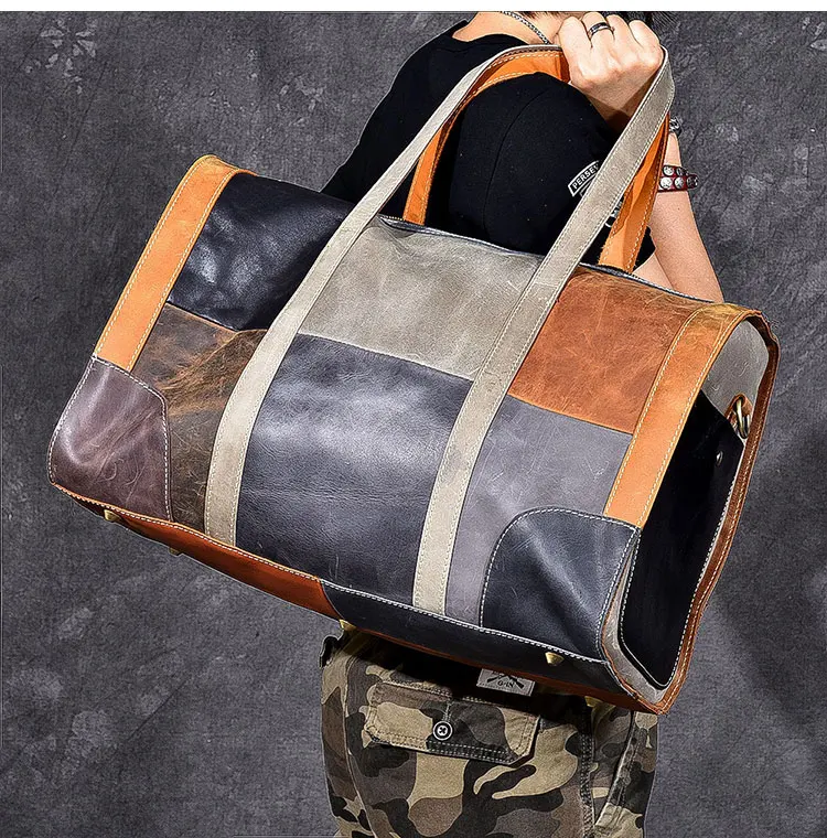 Натуральная кожа военный вещевой мешок состаренная кожаная дорожная сумка Weekender кожаная сумка Лоскутная цветная сумка для переноски
