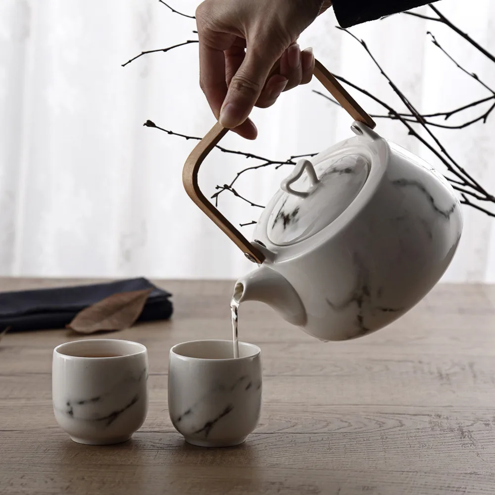 Японская классическая мраморная керамика чайный сервиз с цветочным узором, чайный горшок и 4 чайных чашки