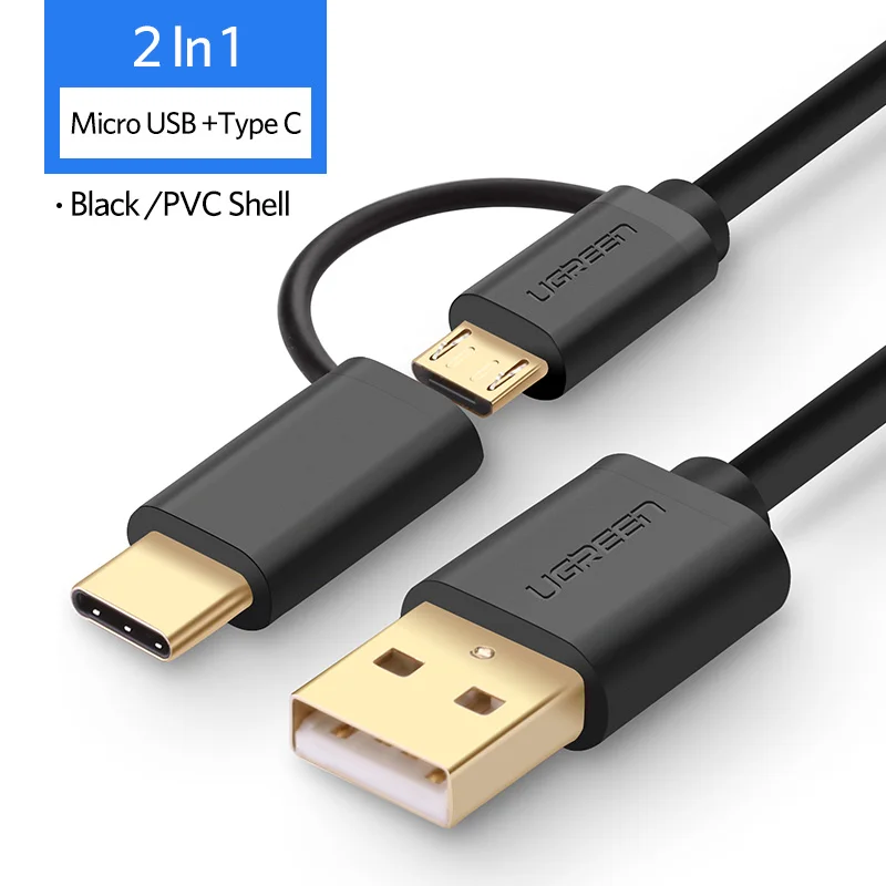 Ugreen usb type-C кабель для samsung Galaxy S10 S9 Plus 2 в 1 быстрая зарядка Micro USB кабель для Xiaomi Tablet Android USB кабель - Цвет: 2 in 1 PVC Black
