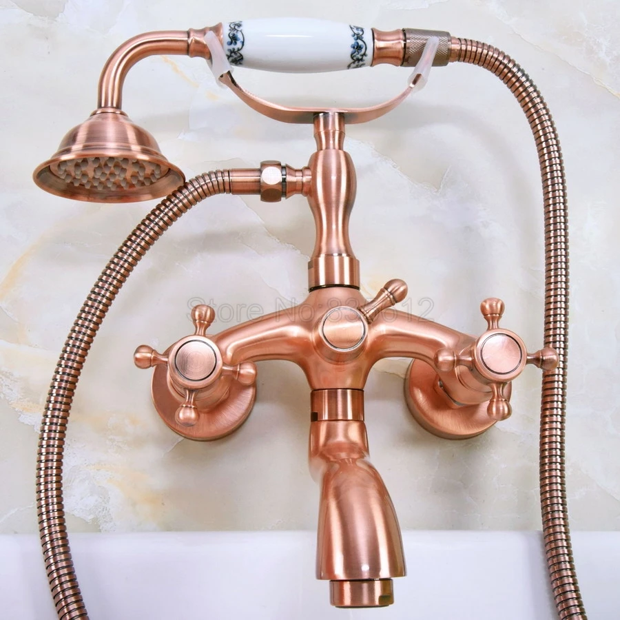 Antique Red Copper Wall Mounted Dual Handles Mixer tap Bathroom Clawfoot Bathtub Shower Faucet