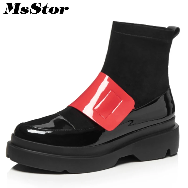 

Msstor Thick Bottom Mixed Colors Women Boots Fashion Platform Ankle Boots Women Shoes Elegant Black Red Flat Boots Shoes Woman