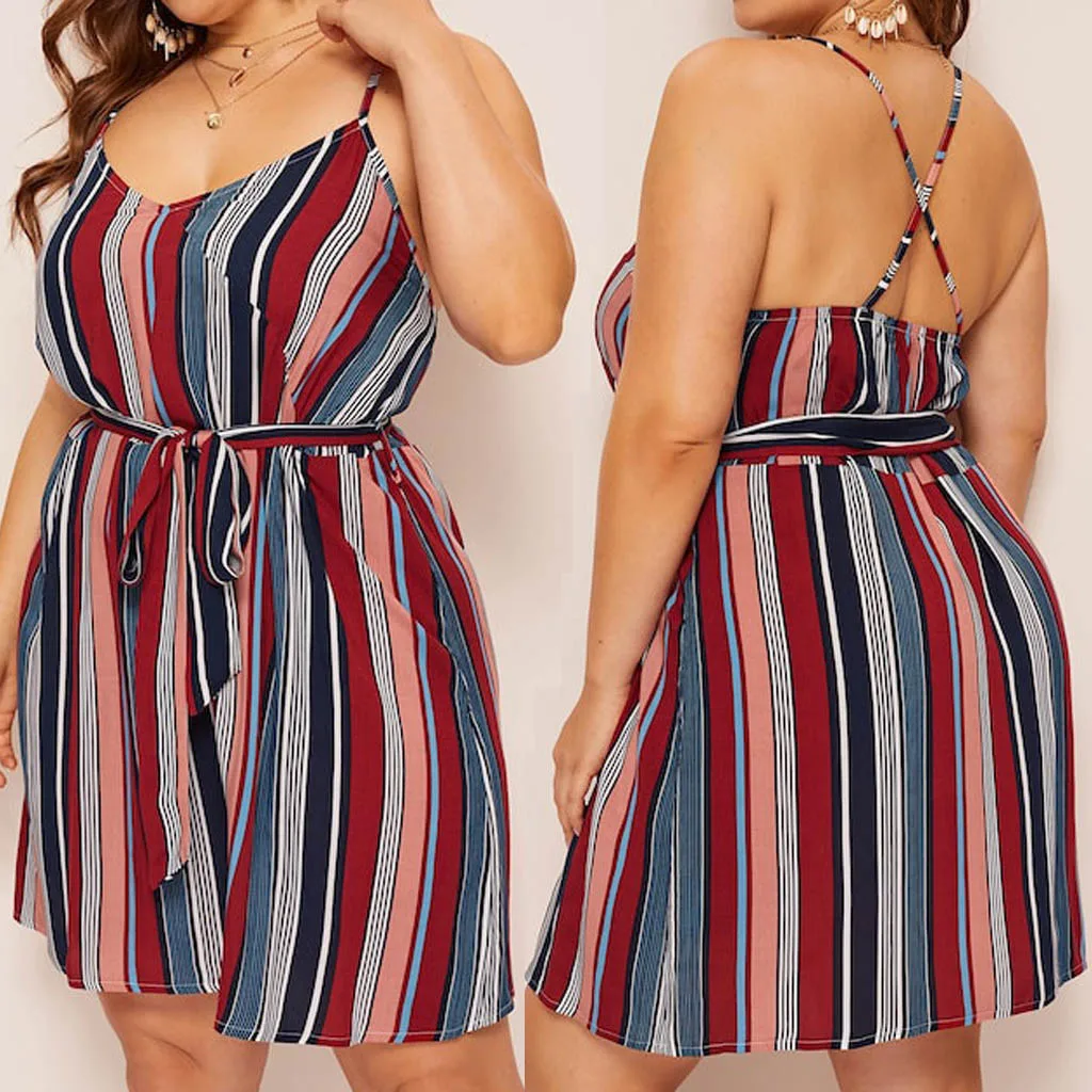 summer dress plus size dresses for women 4xl 5xl Fashion Women Plus Size Stripe Print Camis V-Neck Sleeveless Bandage Dress