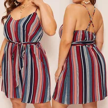 summer dress plus size dresses for women 4xl 5xl Fashion Women Plus Size Stripe Print Camis V-Neck Sleeveless Bandage Dress
