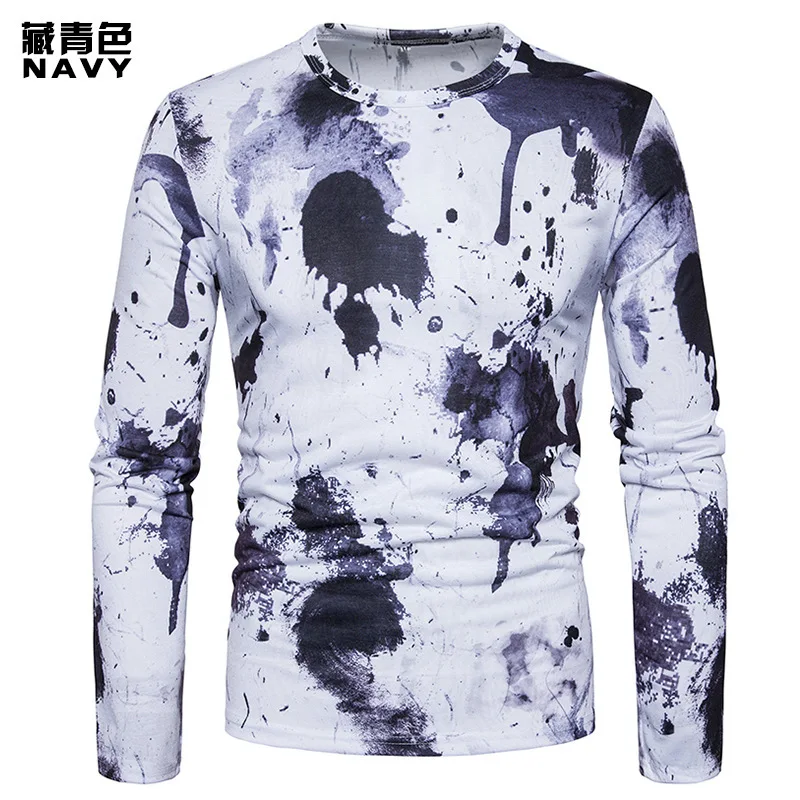 navy blue Мужские модные футболки с круглым вырезом, удобная футболка, Повседневная печать с длинным рукавом, Мужская одежда, футболки - Цвет: navy blue