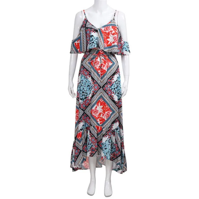 2018 Elegance and simplicity Women Printing Strappy Off Shoulder Sexy V Neck High Waist Boho Long Maxi Dress For Beach Daily