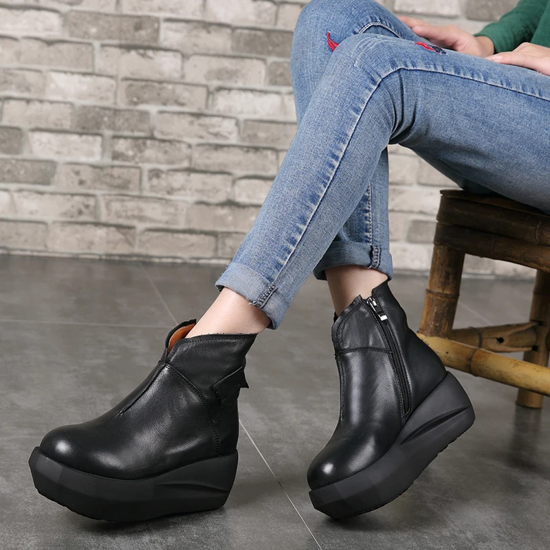 

2018 VALLU Autumn Women Shoes Ankle Boots Flat Platform Round Toes Handmade Original Genuine Leather Ladies Bootie