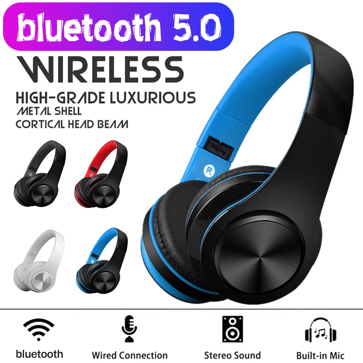 Беспроводные складные стереонаушники bluetooth 5 0 гарнитура с микрофоном FM 128G TF карта