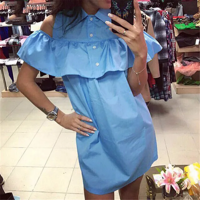 Ruffle Short Dress Women Beach Summer Dress Off Shoulder Button Straight Ladies Dress Casual Party Dresses