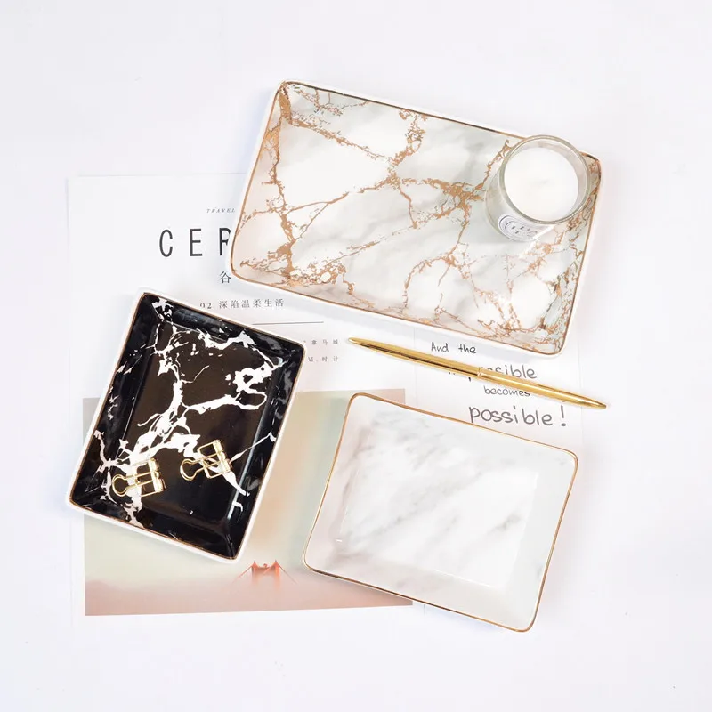 

Quality Ceramics Storage Trays Nordic Marble Pattern Table Minimalist Multi-function Dessert Jewelry Plate Decoration Organizer