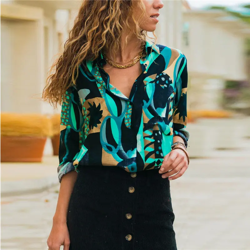 

LAAMEI Women Chiffon Blouses Long Sleeve Turn Buttons Office Lady Shirts Geometric Blouse Loose Casual Top Mujer Chemise