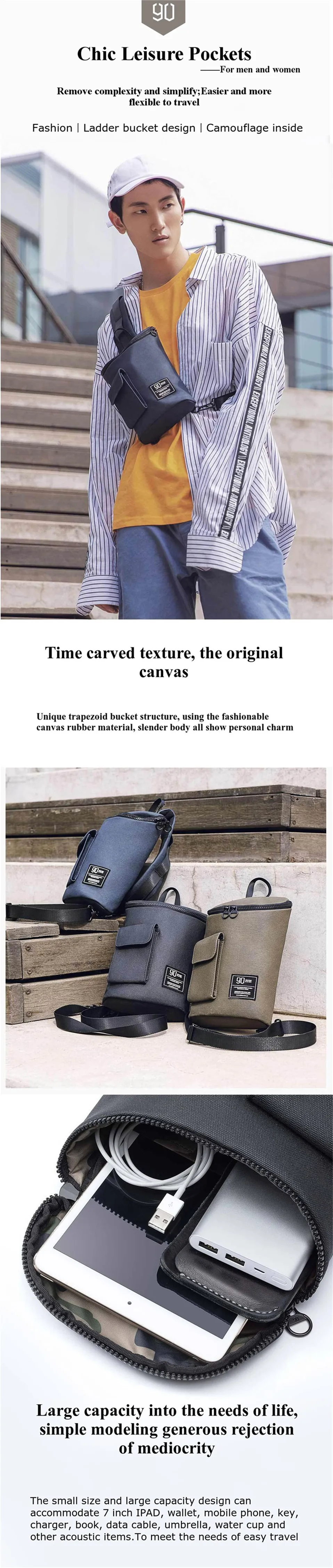 1Xiaomi Mijia 90 Chic Crossbody Bags Travel Leisure Chest Bag Pack Casual Bag Single Shoulder Strap Pack for Men Women