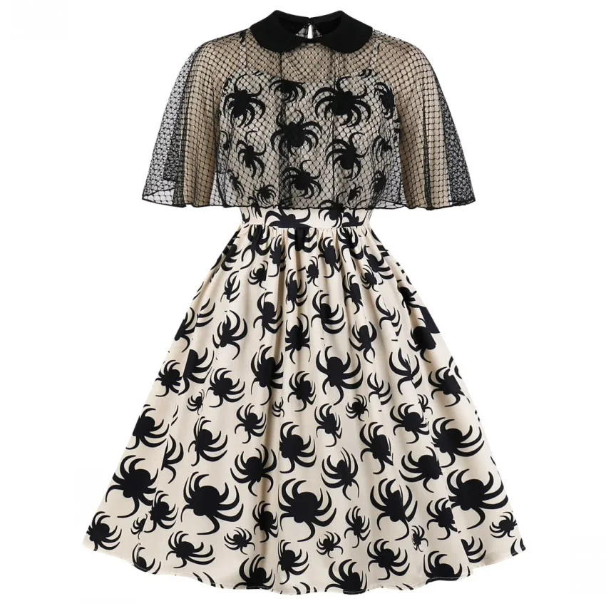 

Halloween Gothic Pin Up Women Dress Sheer Mesh Cape Vintage Party Dress Vestidos Peter Pan Collar Short Sleeve A-Line Dresses