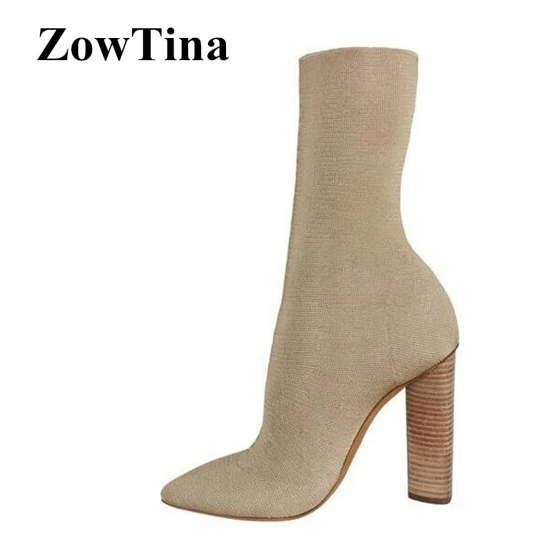 

Elastic Short Booties 9cm Chunky High Heel Shoes Woman Pointed Toe Autumn Boots Knit Sock Botines Mujer Winter Botas Feminina