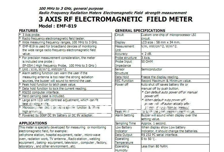 0-9,9999 МВт/м2, 0-99,999 Вт/м2, 0-199,99 в/м2, 3 оси RF электромагнитного поля метр EMF-819