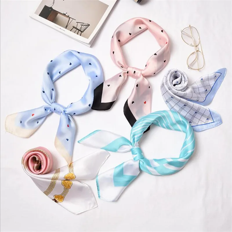 2019 New Women Scarf Silk Wrap Elegant Heart Floral Print Dot Patchwork Head Neck Hair Tie Band Neckerchief Square Scarves