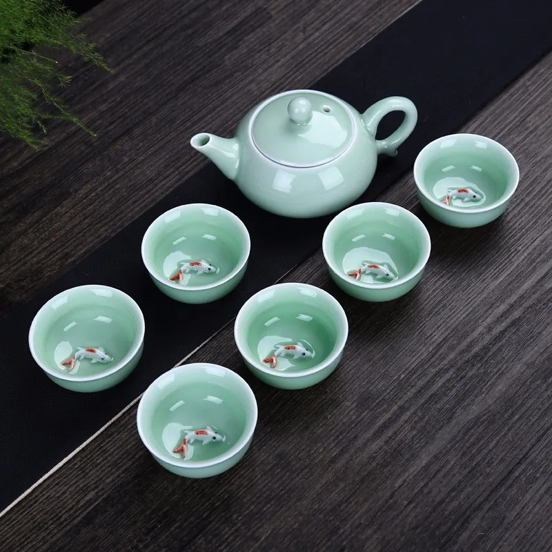Китайский чайный набор кунг-фу включает в себя 6 чашек 1 чайный горшок фарфоровый набор чайных чашек Celadon рыба чайная чашка набор чайная посуда Улун чайный набор кунг-фу - Цвет: blue