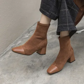 

MLJUESE 2020 women soft ankle boots cow leather square toe square heel high heels boots winter short plush soft boots size 40