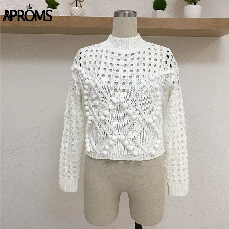 Продажа Aproms элегантный вязаный свитер с высоким воротом и помпоном, женский укороченный свитер с длинным рукавом, осенний зимний короткий тонкий пу...