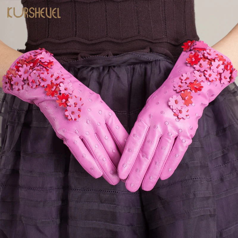 KURSHEUEL зимние перчатки женские перчатки из натуральной кожи для вождения Модные Цветочные украшения из козьей кожи теплые рукавицы с подкладкой AGB586