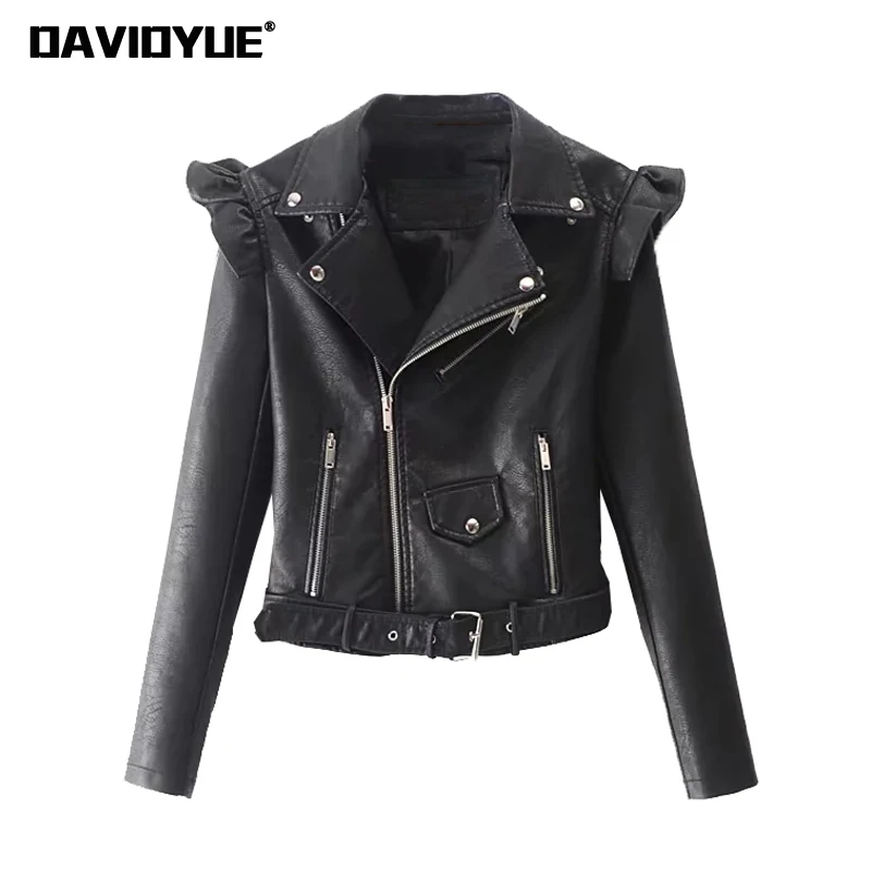 

Spring ruffles PU leather jacket women black zipper Punk rock motorcyle coats 2018 Street logn sleeve biker faux leather jacket