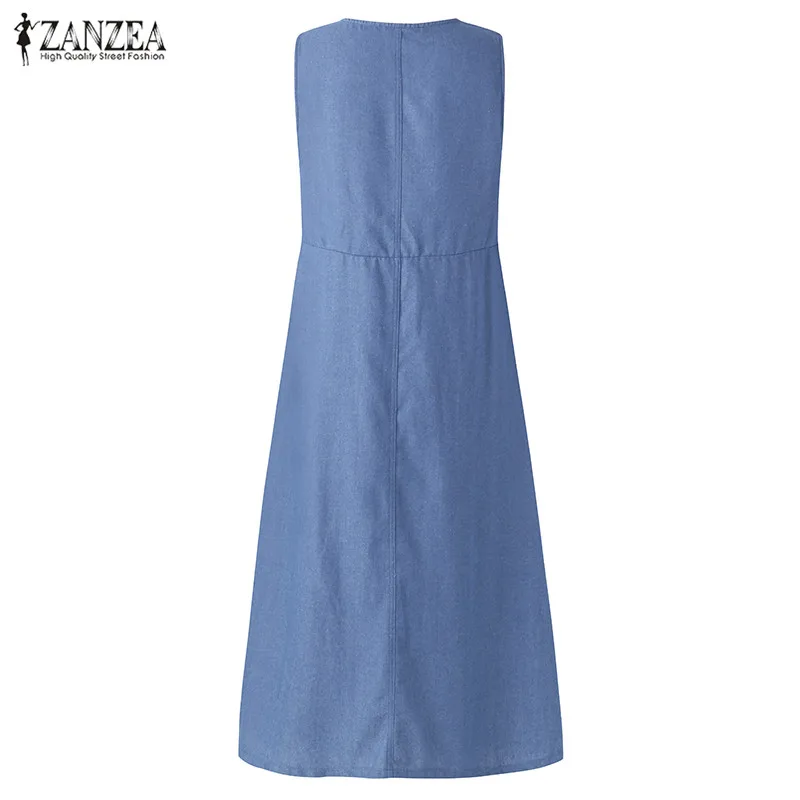 Женские джинсы летний сарафан ZANZEA женское Синее джинсовое платье с v-образным вырезом без рукавов миди Vestidos Повседневное платье Femme 5XL