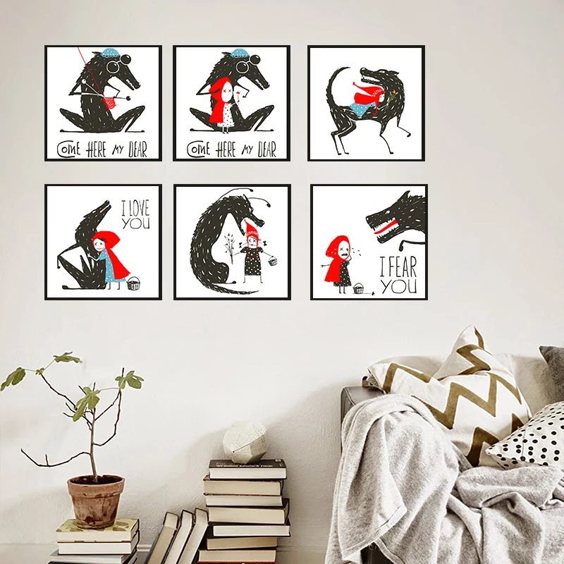 Wall Art Canvas Print Poster Children's Room decoration wall paintings Nursery Decor Big wolf and little red cap | Дом и сад