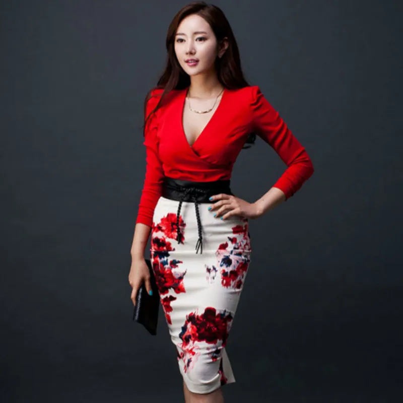 

2019 Autumn V-Neck Puff Sleeve Red Top High Waist Pencil Bodycon Print Skirt Two Piece Sexy Knee-Length Sets Work Dress