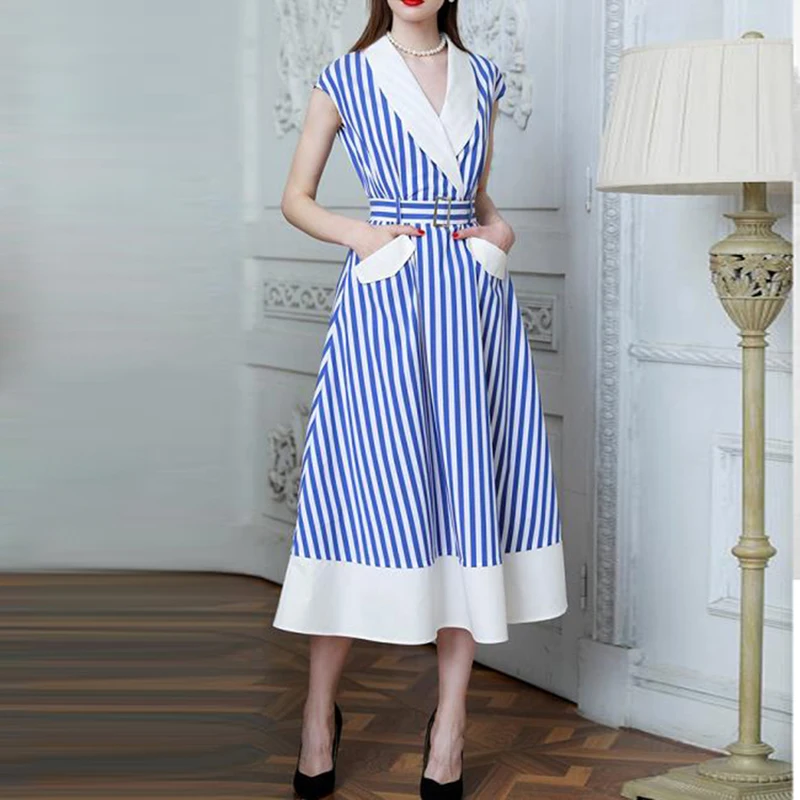 

HIGH QUALITY New Fashion 2019 Designer Runway Dress Women's Notched Collar vertical Striped Mid-calf Dress