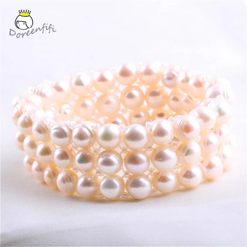

Trendy 3 Rows of Elastic Baroque Pearl Bracelet Full Natural White Round Freshwater Pearls Bangle Gift for Women Jewelry