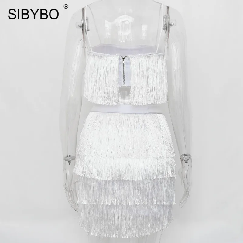 SIBYBO, с кисточками, без бретелек, сексуальный комплект из двух частей, Бандажное платье,, красное, белое, летнее, женское платье, элегантное, мини, для клуба, Платья для вечеринок