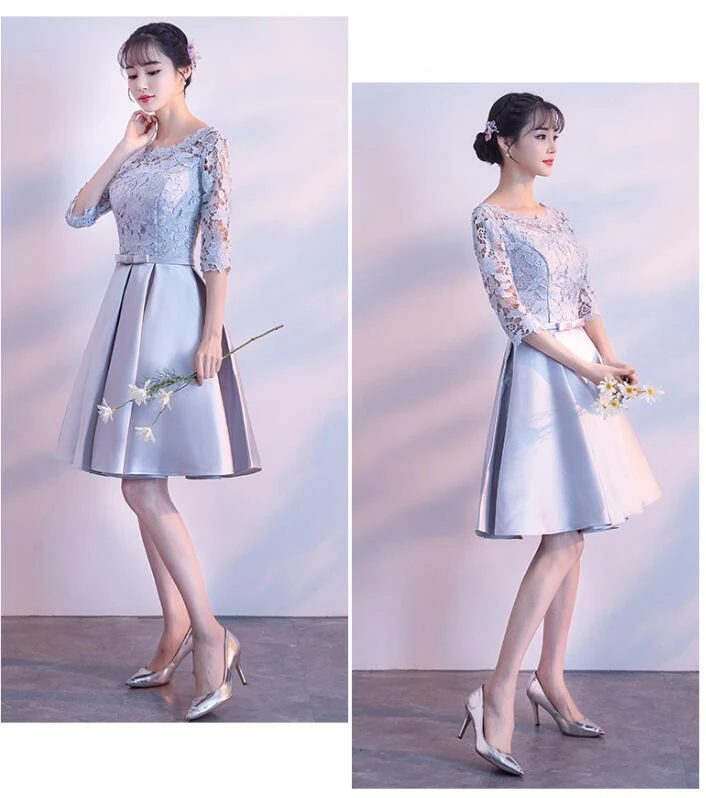Xcos Дешевые Короткие вечерние платья четыре модели мини длиной выше колена линия Silver Grey Короткие атласные кружева платье Homecoming