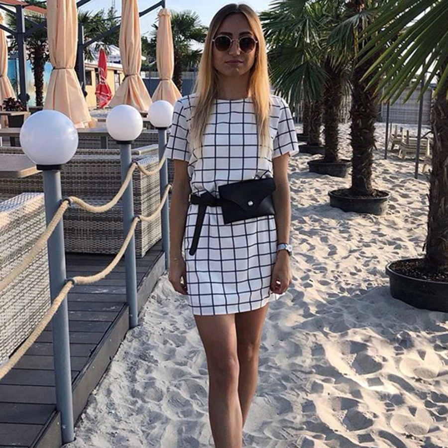 

2019 new elegant women's dress fashion plaid round neck short-sleeved dress casual wild short dress