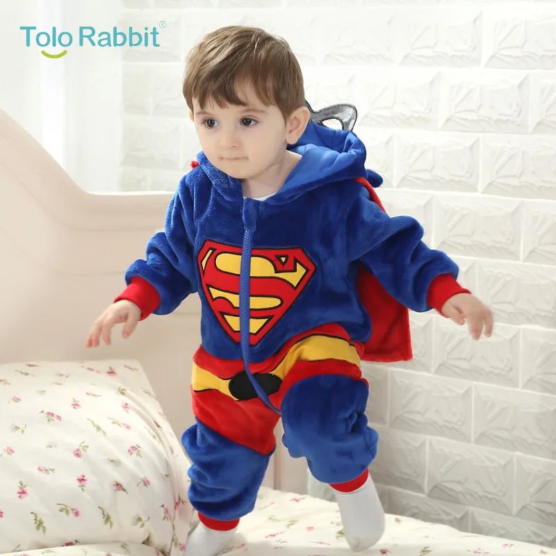 Baby Cartoon Rompers Newborn Hooded Toddler Clothing Boys Girls Minions Animal Jumpsuit Playsuit Costume Flannel Baby Rompers - Цвет: Super Man