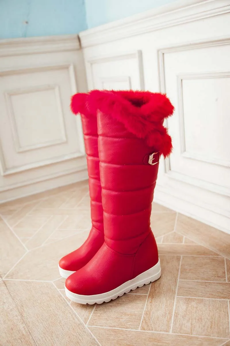 ENMAYLA зимние ботинки с кроличьем мехом и с круглым носком женские сапоги до колена обувь на платформе черного красного и белого цвета размеры 34–42 женские утепленные меховые боты