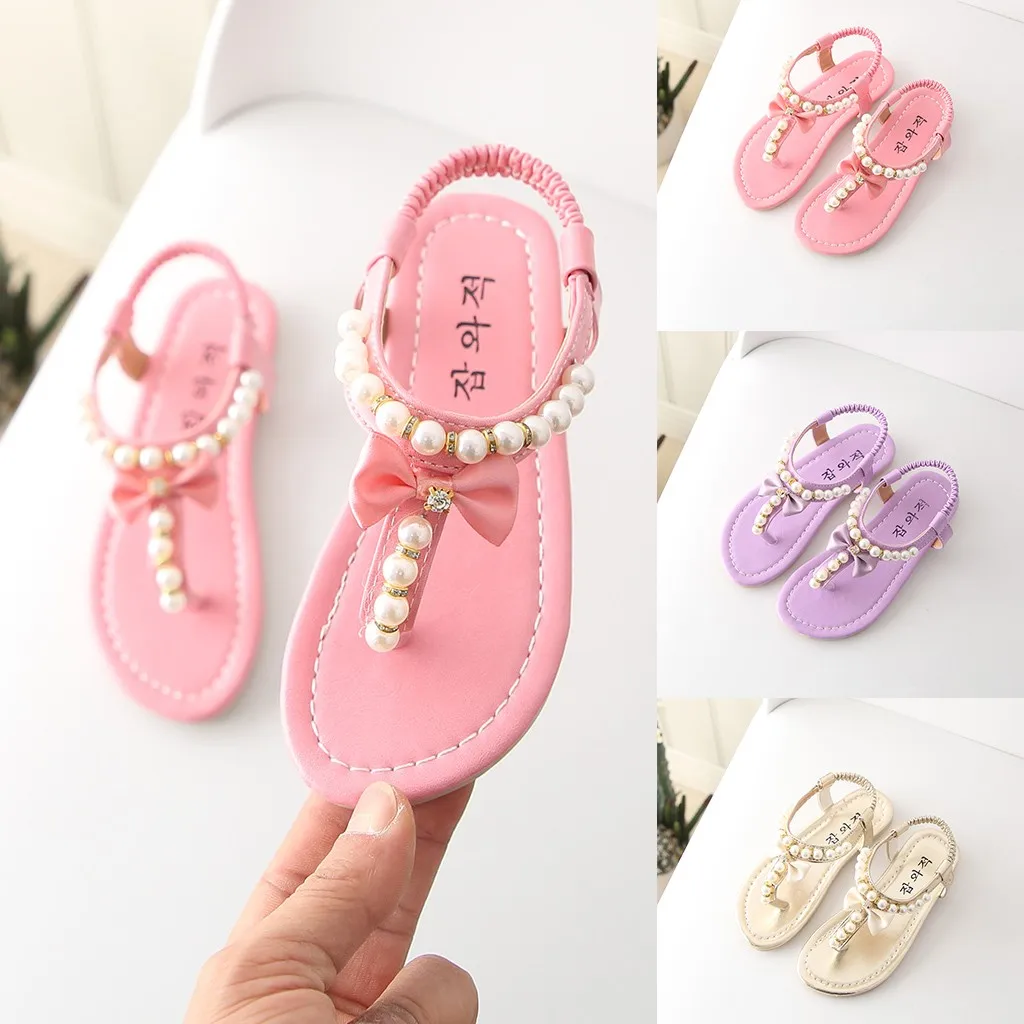 summer kids sandals for girls Bowknot Pearl Princess shoes baby girl sandals Thong kids sandals crystal bebek ayakkabi A1