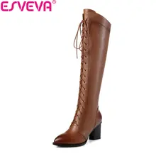 ESVEVA/ г. женские ботинки на высоком квадратном каблуке короткие плюшевые сапоги до колена из искусственной коровьей кожи с острым носком женские ботинки размер 34-42