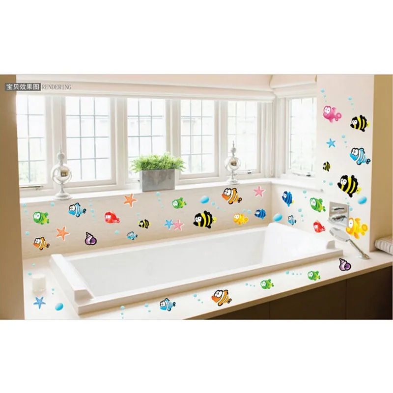 New Baby Bathroom Stickers 45*60cm Cartoon Removable Vinyl Art Kids Home Decor Mural Fishing Ocean Sea Fish Wall Sticker Decal